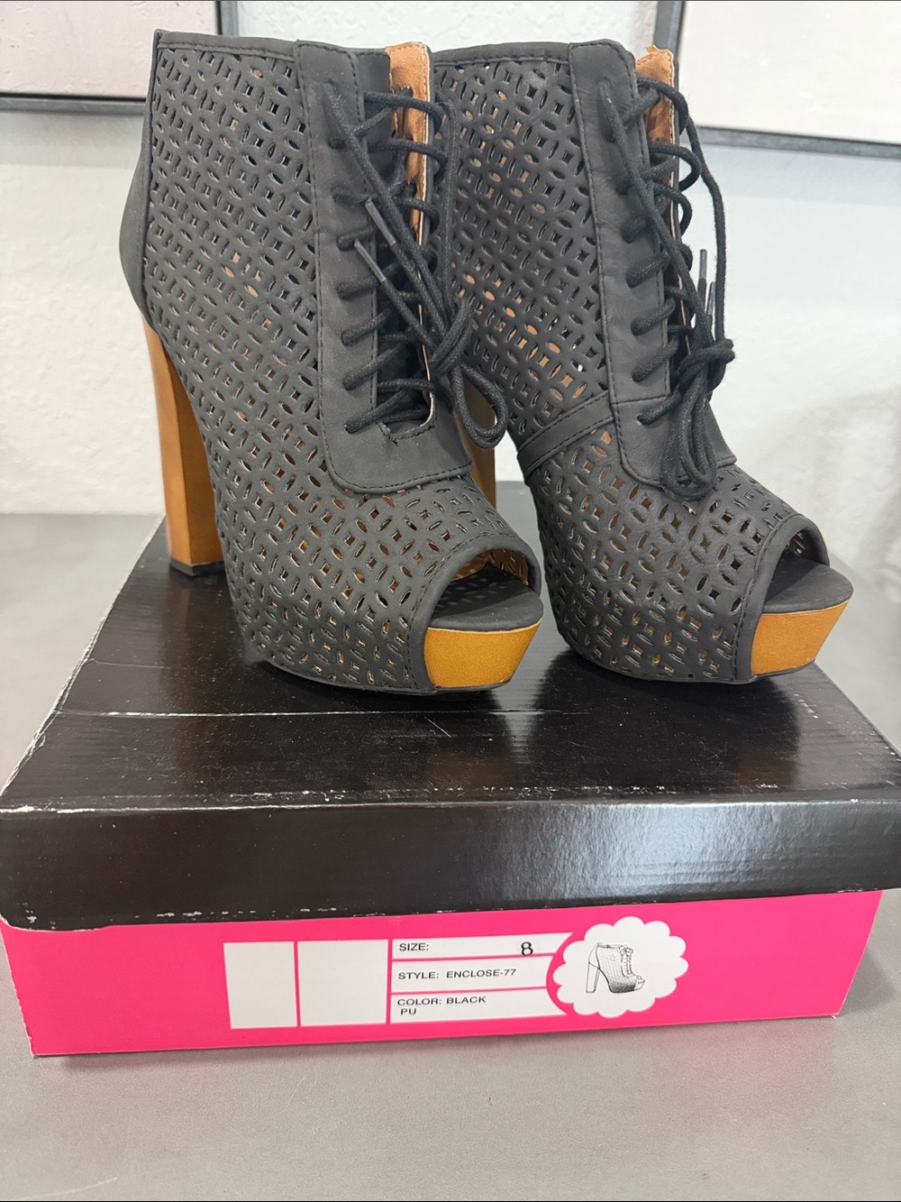 Charlotte Russe Black Laser-Cut Lace-Up Peep Toe Booties with Tan Platform